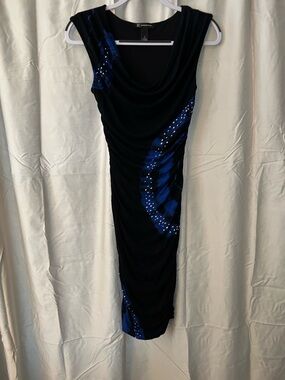 INC International Concepts Black Midi Dress with Blue Accents
